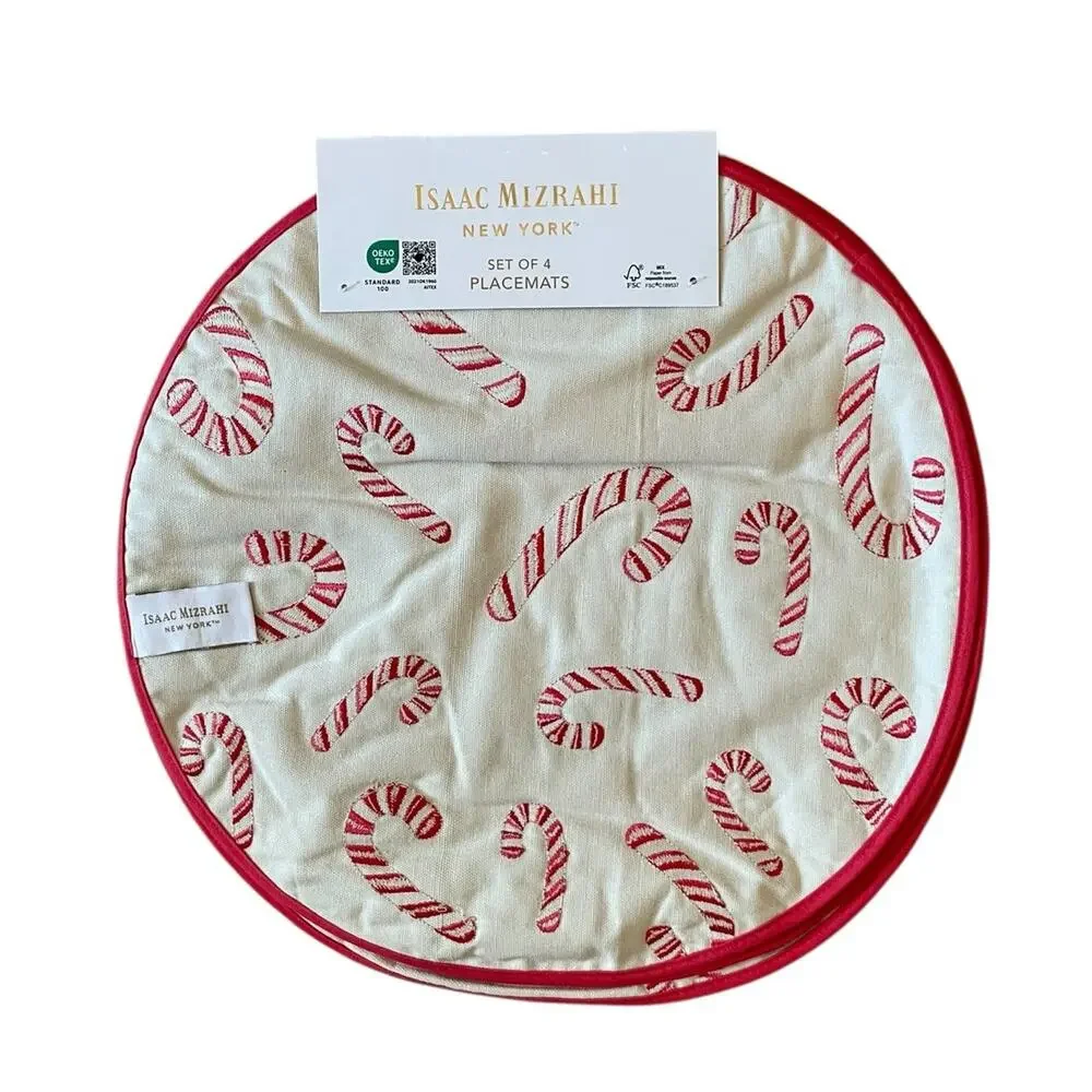 Isaac Mizrahi CANDY CANE Christmas Placemats 15in Embroidered Cotton Pink & Red